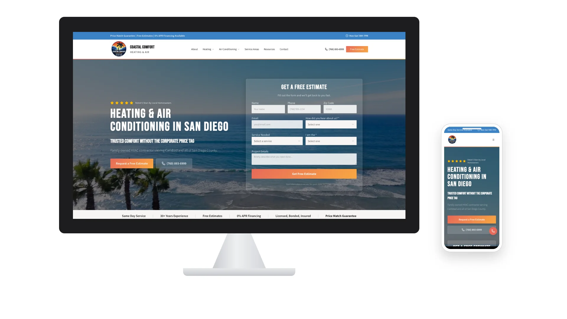 Coastal Comfort San Diego website built by TwentyOne Solutions