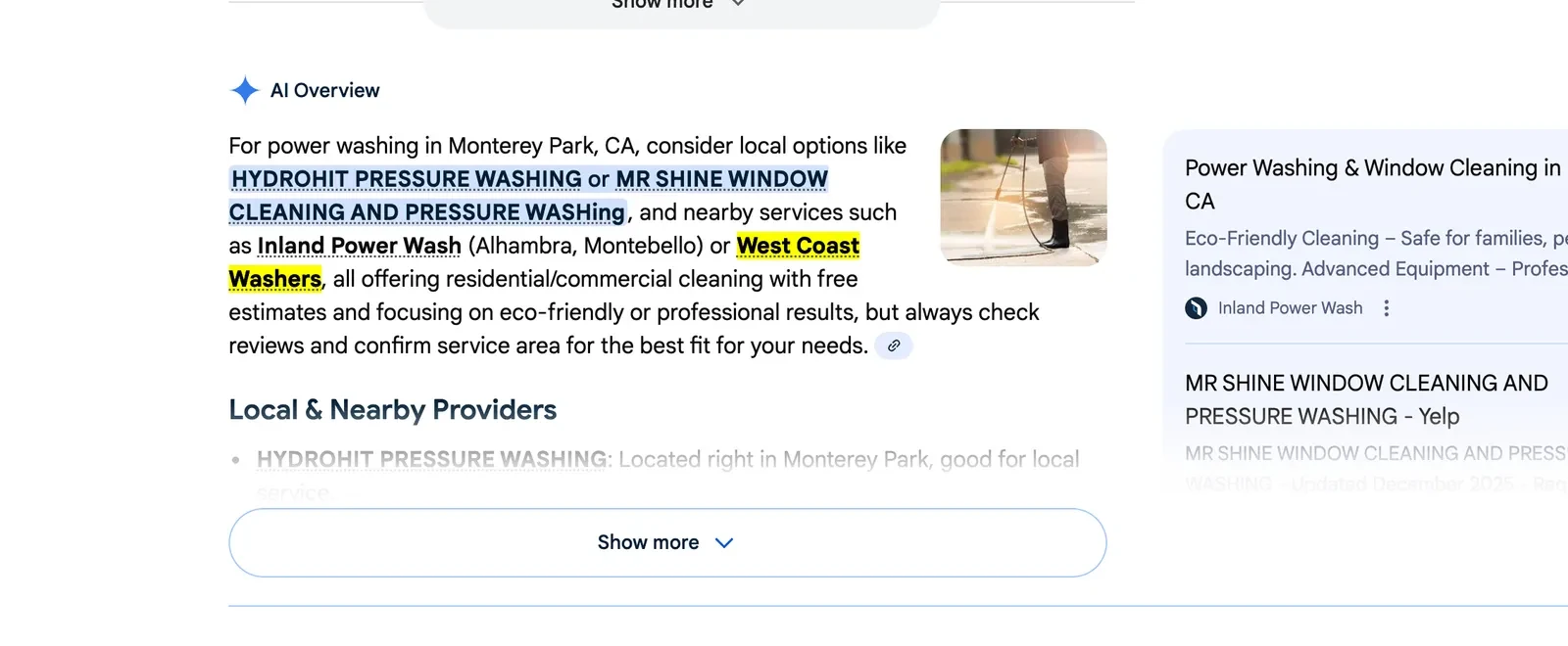 A Google AI Overview for power washing companies in Monterey Park naming West Coast Washers