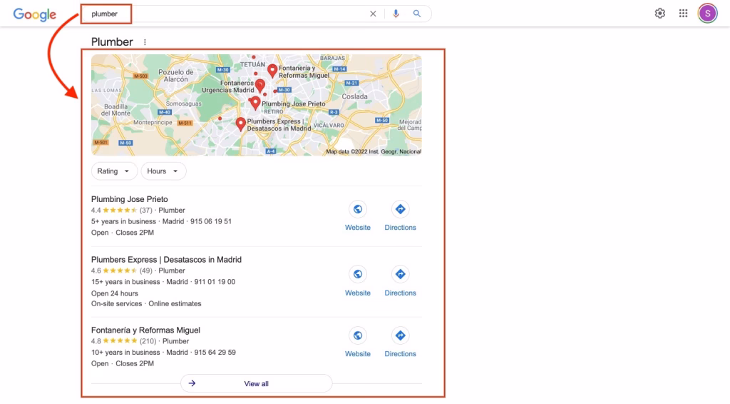 Google local map pack showing three nearby businesses with ratings and hours
