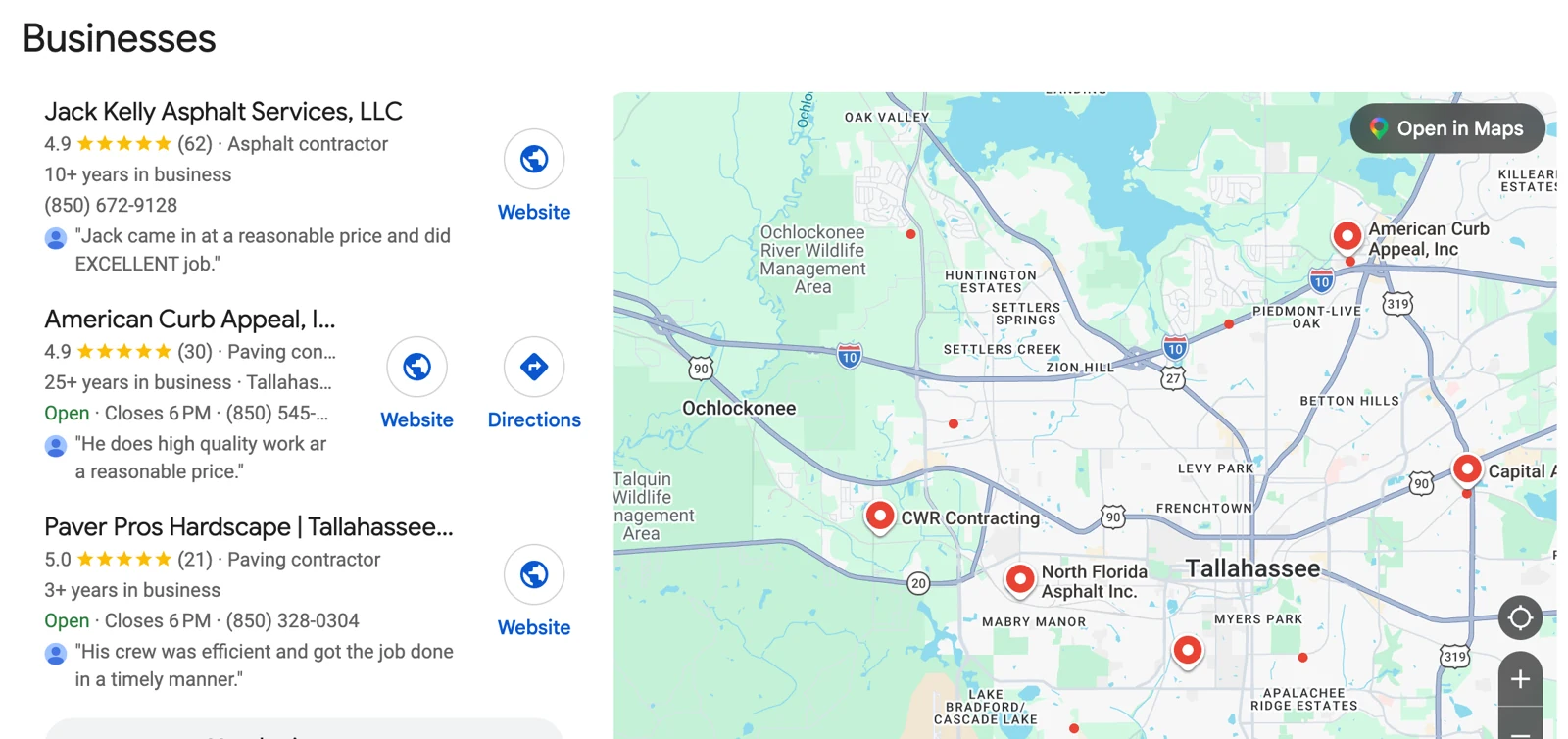A Google search for paving contractor Tallahassee FL showing three businesses and a map, with American Curb Appeal second